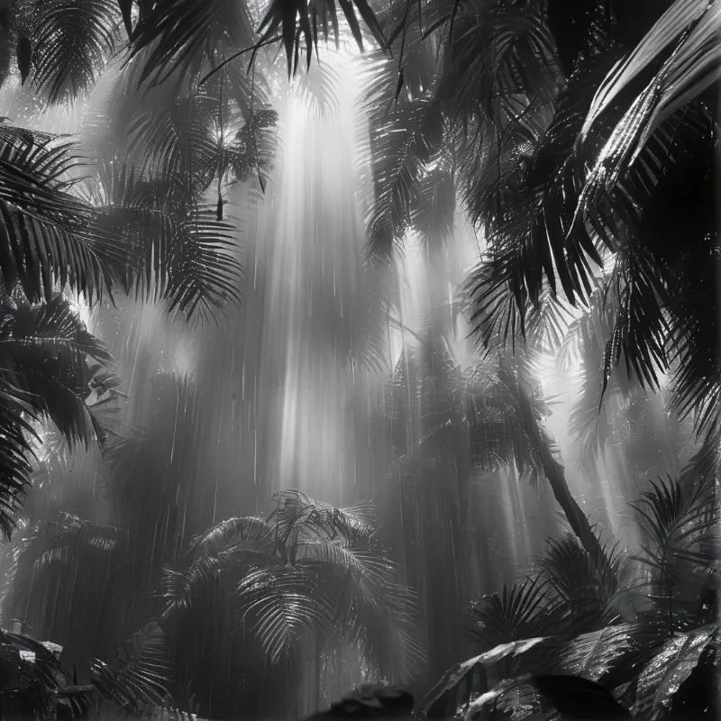 Monochromatic view of dense vegetation with bright shafts of light piercing through the misty canopy above.
