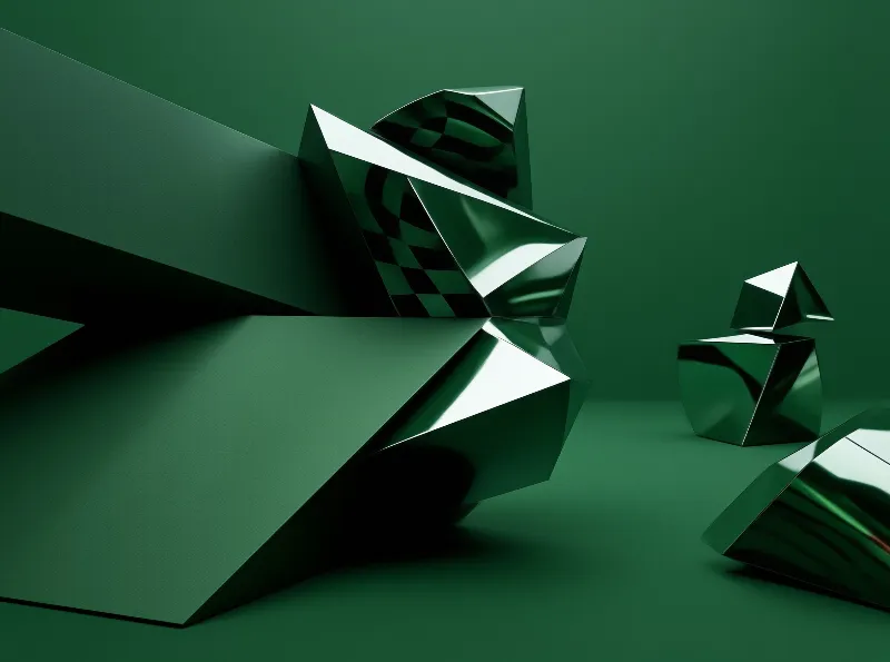 Reflective emerald geometric forms rest on a seamless surface under controlled lighting.