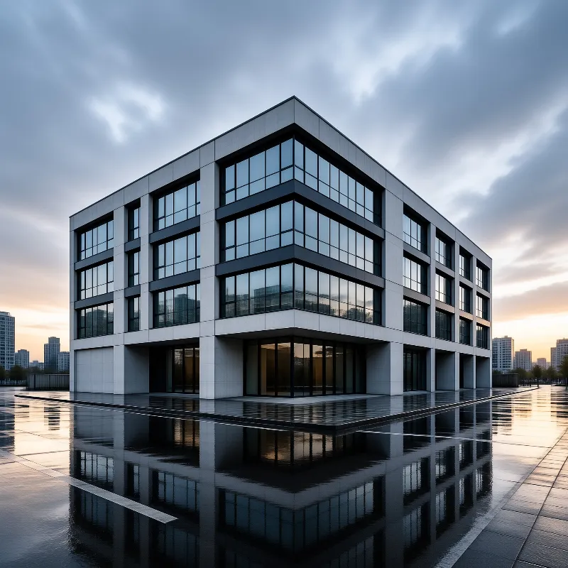 A white concrete office block with dark glass windows stands above a calm reflective pool at twilight