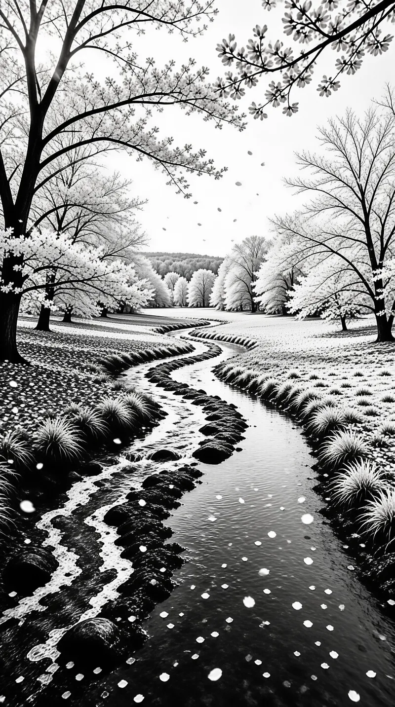 A monochromatic view captures a meandering waterway surrounded by white ground cover and overhanging flowering trees.