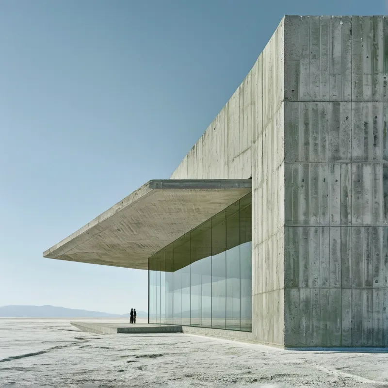 Brutalist concrete structure features a massive overhang and glass wall facing endless white salt flats under a clear sky.