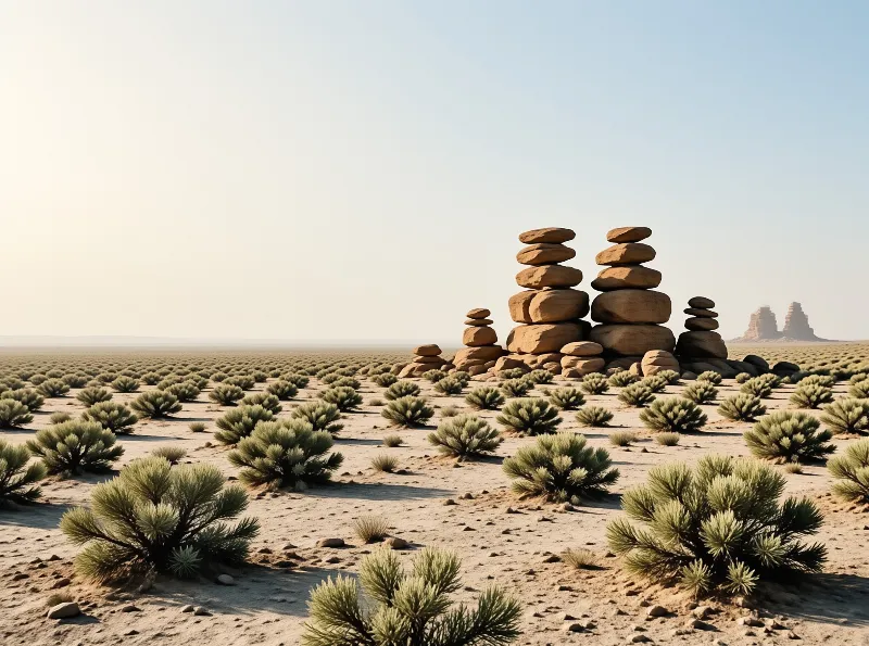 Balanced stone stacks rise from perfectly aligned rows of desert shrubs under a clear sky with distant rock formations.