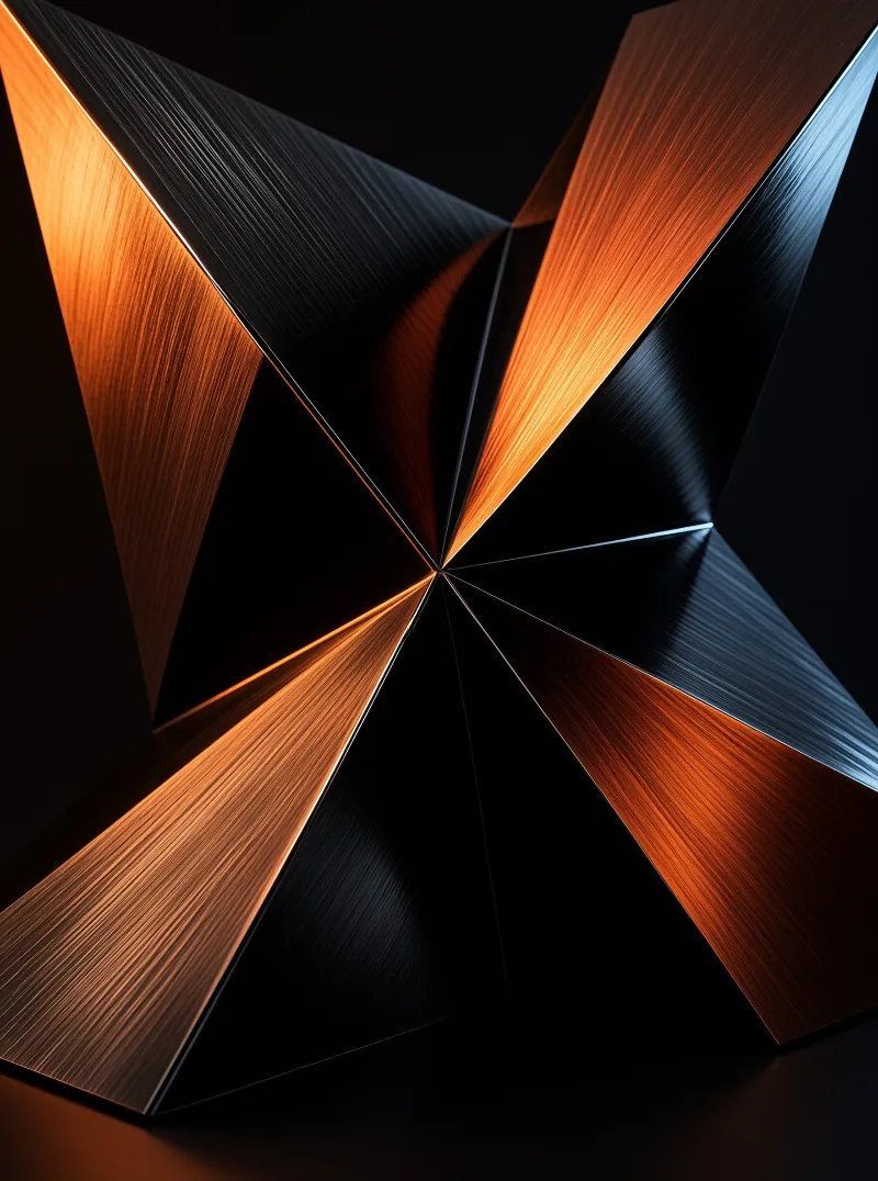 A radial arrangement of angular brushed metal blades converging at a center point against a black backdrop shows warm copper and cool silver tones created by directional lighting across textured surfaces.