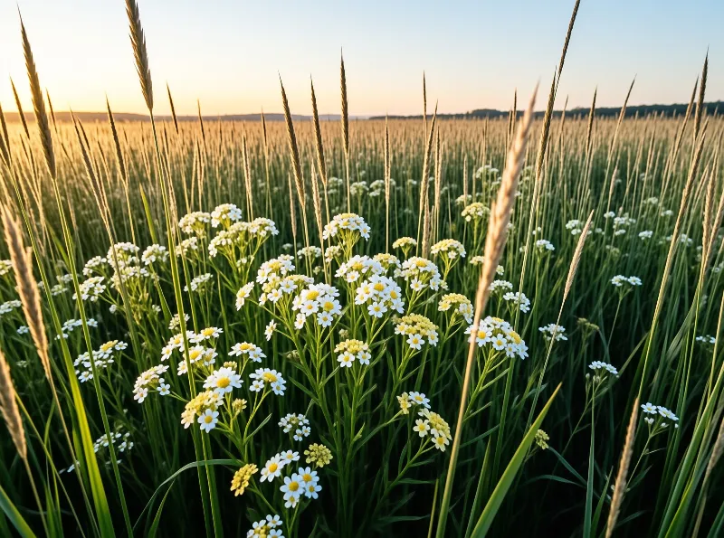 Clusters of small white blooms with yellow centers rise above long green and golden stalks during sunset.