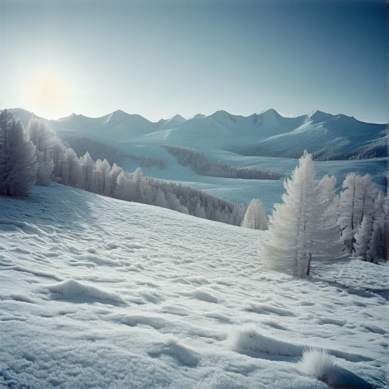 A frosted evergreen forest blankets a white mountainside under a low winter sun and distant pale peaks