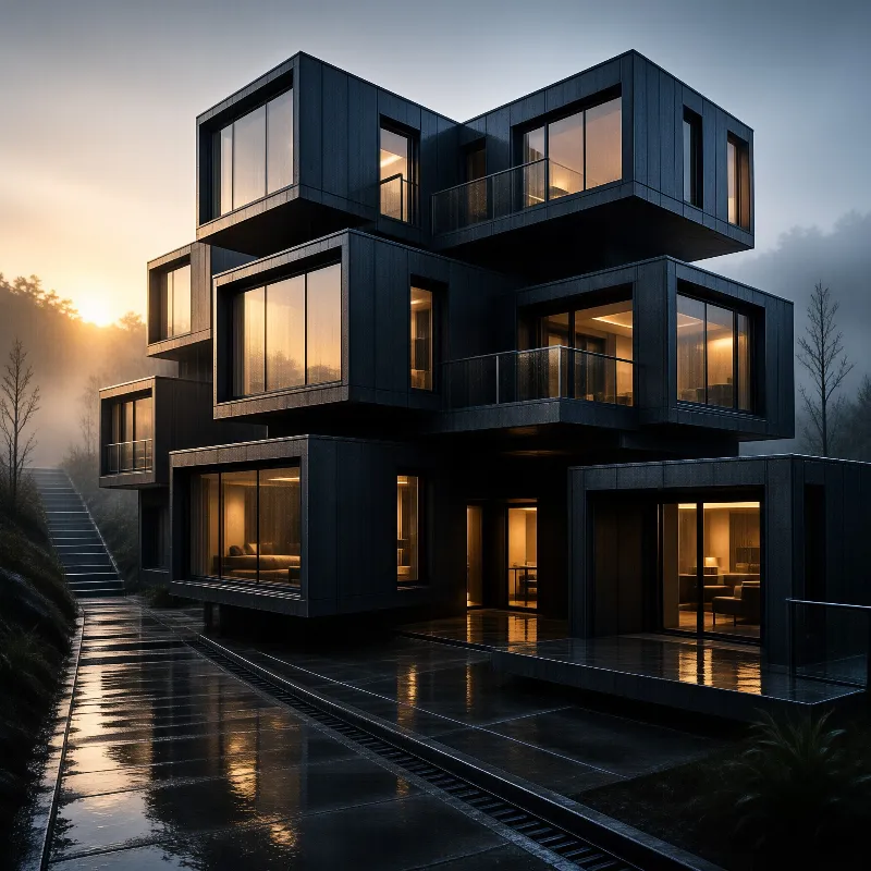 A modern residence of stacked dark cubic modules glows with warm interior light amid misty forest at sunset