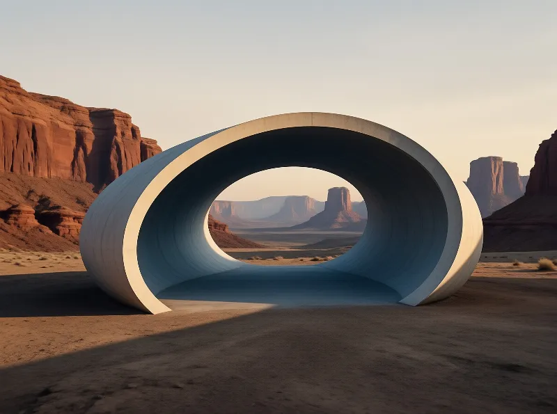 A curved white concrete tube rests in a sandy desert with red rock formations under warm light.