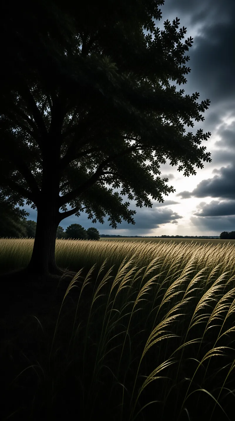 A massive dark tree frames a field of tall grass illuminated by bright sunlight breaking through heavy clouds.