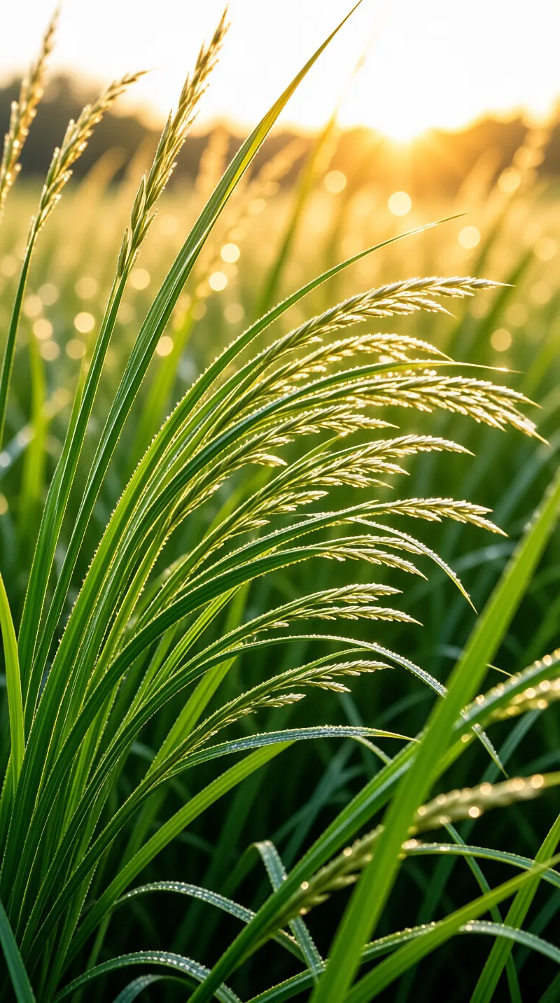 Dewy Grass in Sunset
