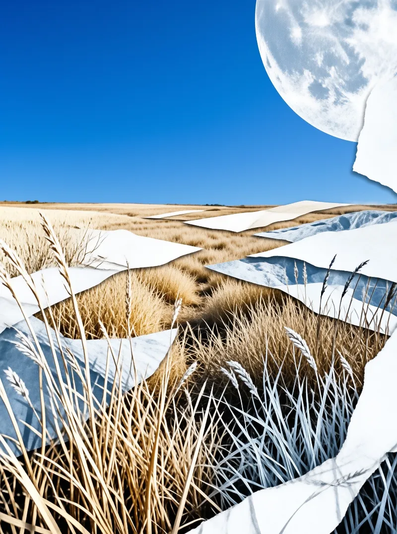 Surreal collage showing dry grass and a large moon under a blue sky with white torn paper shapes layered over the landscape.
