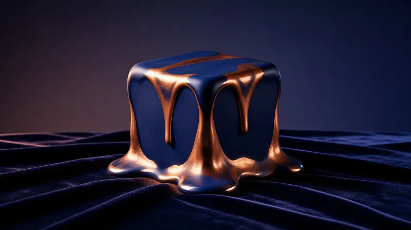A deep blue cube appears to melt with shiny golden drips flowing down its sides onto a dark folded velvet surface.