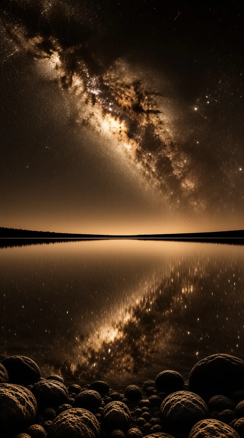 A sepia-toned view of the Milky Way galaxy arching over a calm lake with dark round stones in the foreground reflecting the light.