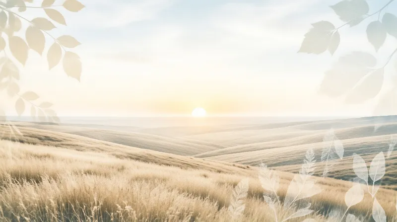 Pale golden grass covers undulating hills under a hazy rising sun, with leaf silhouettes bordering all four sides of the frame.
