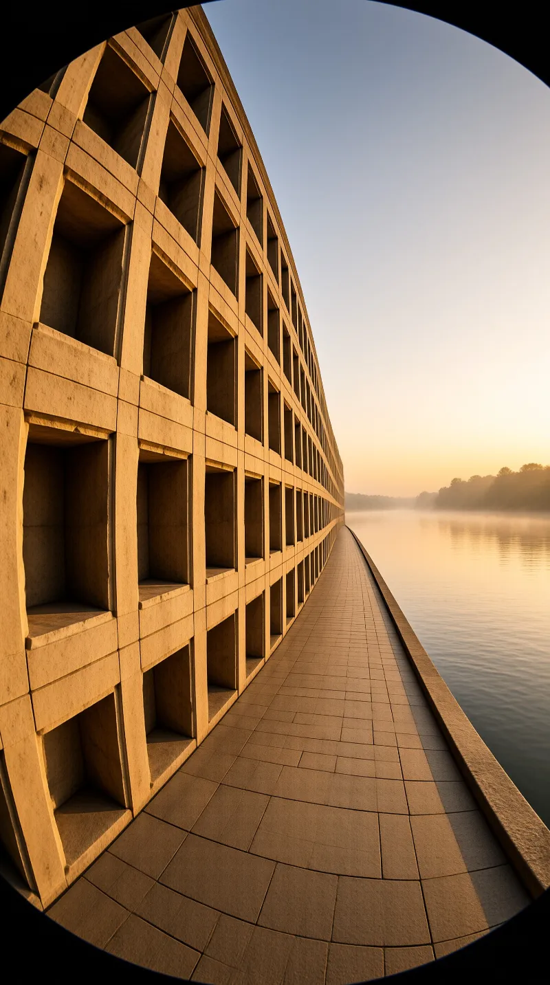 A massive beige architectural structure lines a calm waterfront shrouded in golden morning mist.