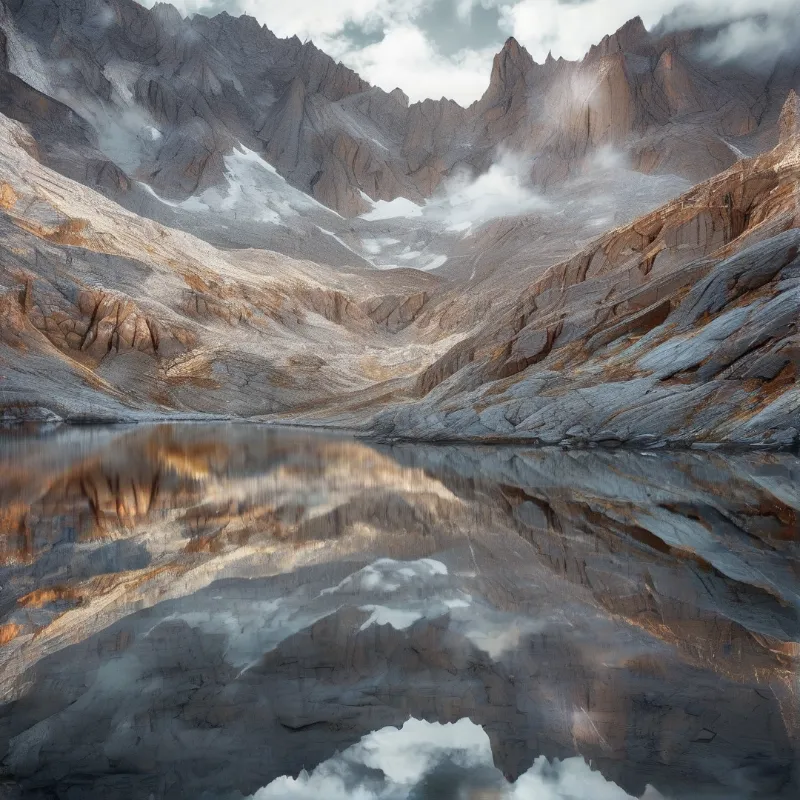 A calm lake mirrors rugged rock faces and snow patches of a mountain range under a cloudy sky with soft sunlight.