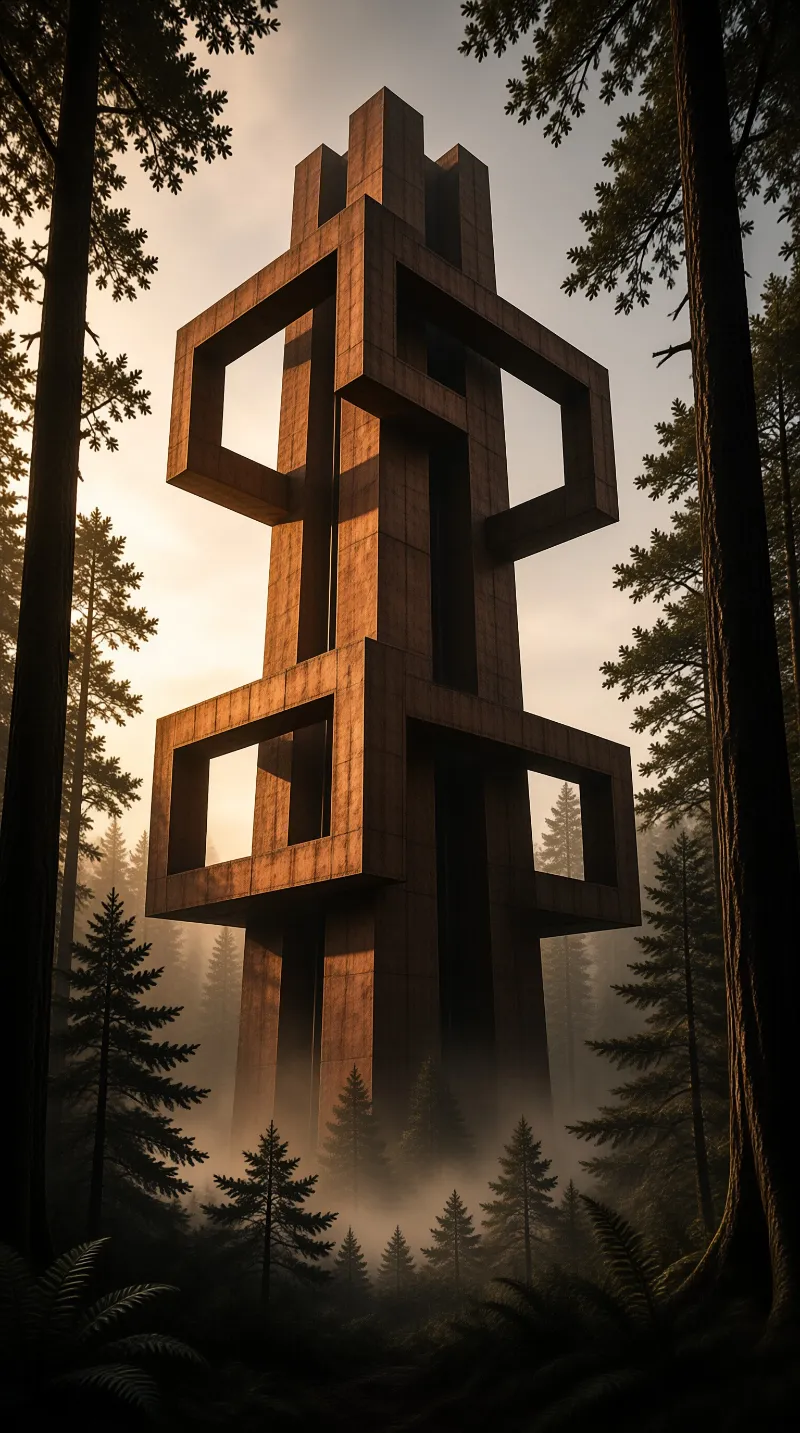 A large concrete structure with hollow frames rises above a foggy pine forest bathed in warm golden sunlight.