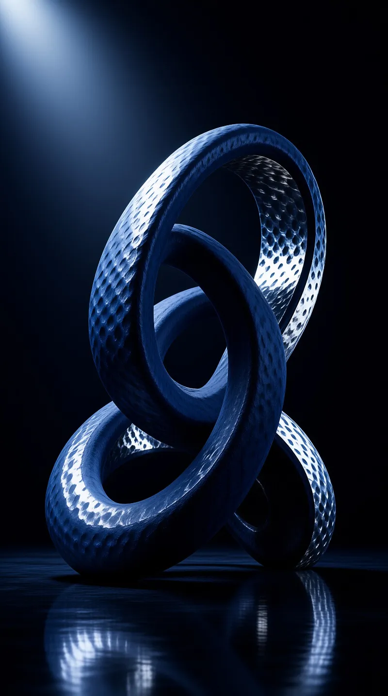 A dimpled metallic torus knot sculpture glows deep blue beneath a focused beam of light against a dark reflective floor.