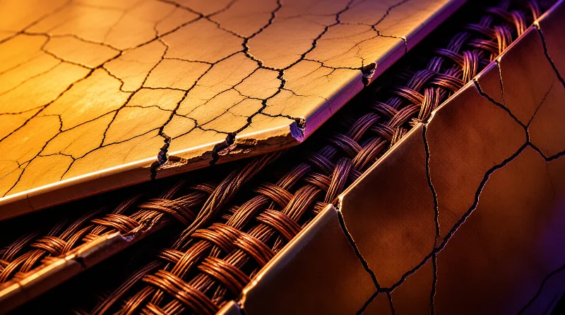 A close up view of broken terracotta surface layers revealing tightly woven metallic strands underneath warm amber lighting