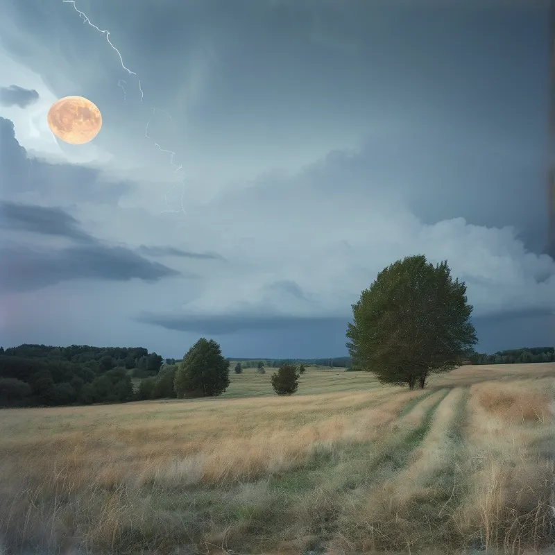 A bright full moon hangs in a stormy sky while lightning strikes near a grassy field with scattered trees.