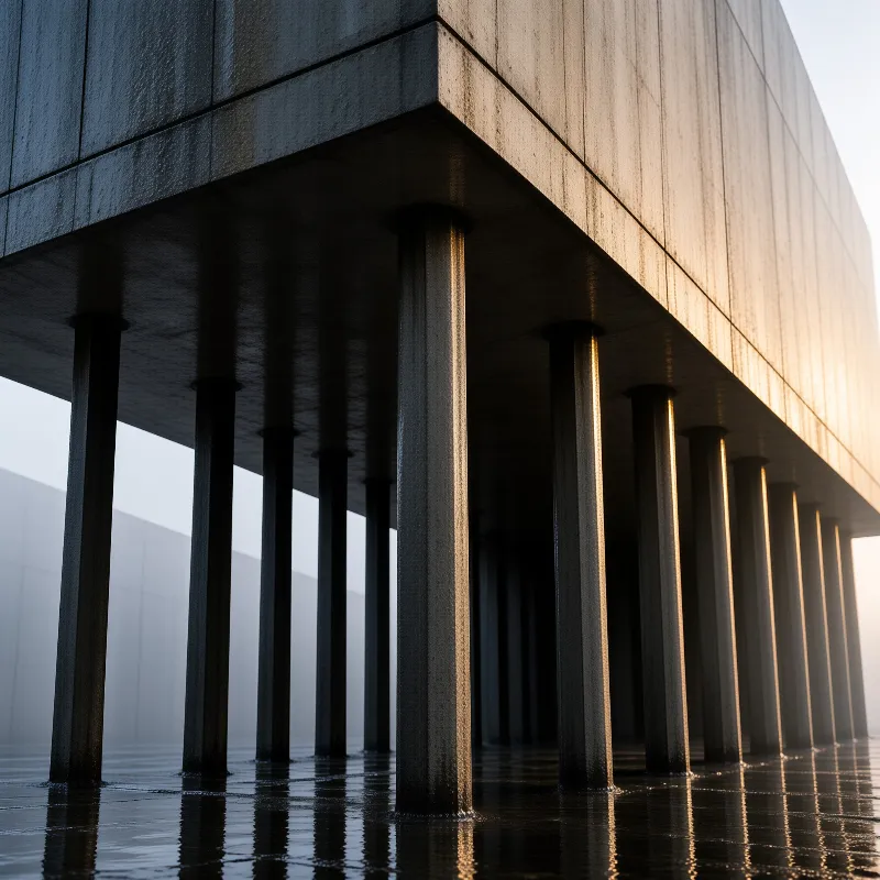 Dark cylindrical pillars supporting a large concrete slab rise from calm water while low sunlight grazes their right sides.
