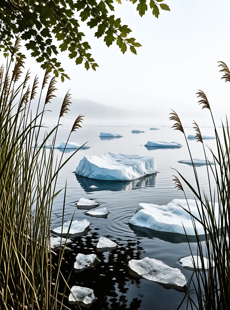 White ice chunks float on dark water surrounded by tall grass and overhanging leaves in a foggy landscape.