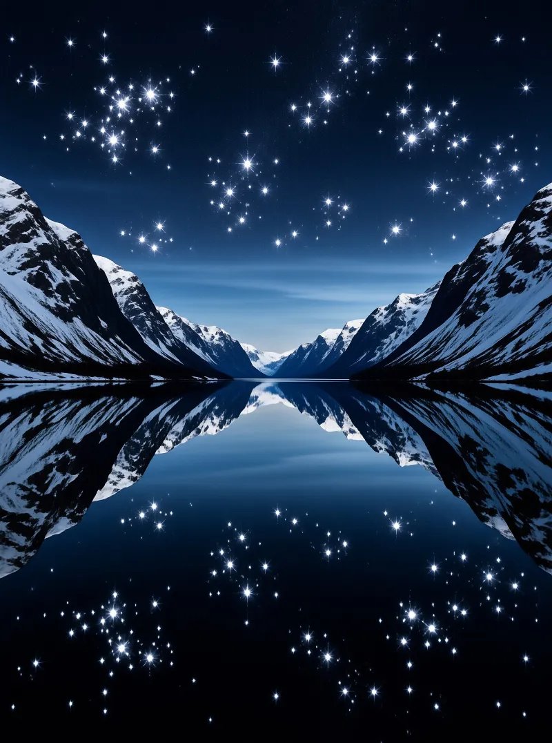 Snow covered peaks and a sparkling star field are doubled in the glassy water of a quiet fjord