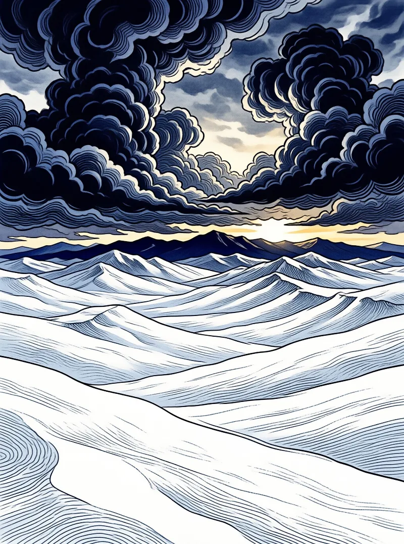 Illustrated thick storm clouds hover above rolling white snow dunes, with soft warm light visible between the clouds above distant mountains.