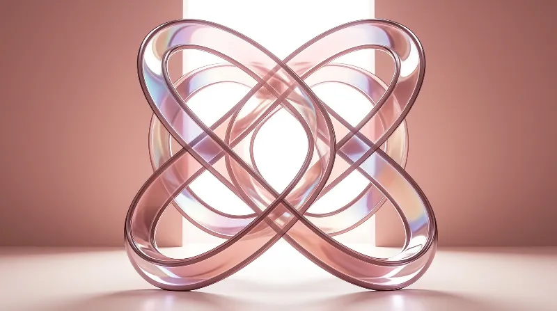 A complex knot of transparent tubing glows with pink and purple hues against a soft peach wall.
