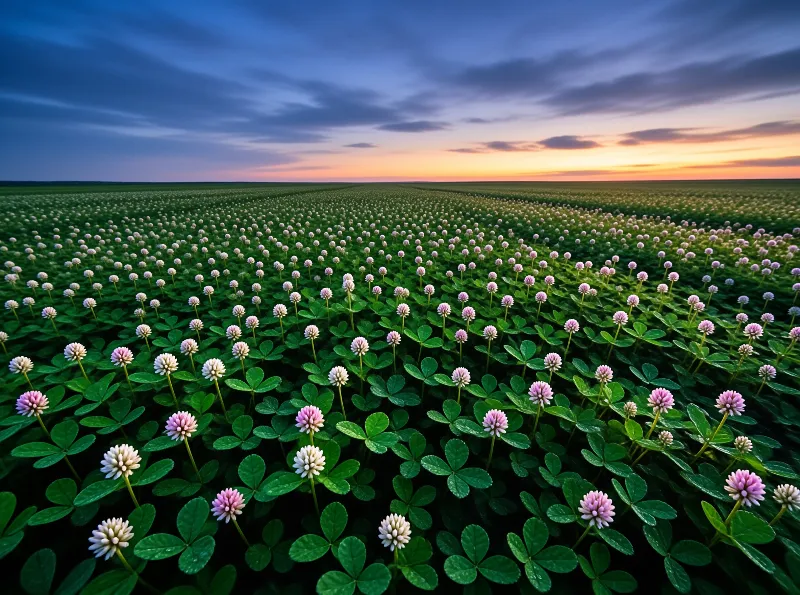 A vast green meadow filled with pink and white blooms beneath a gradient sky of deep blue and warm orange light at dusk.