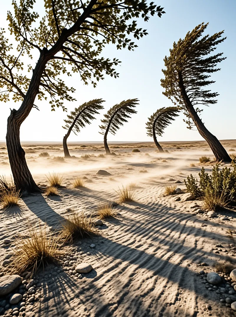 Leaning coniferous trees curve toward the right in a windswept sandy landscape with low vegetation and soft golden light