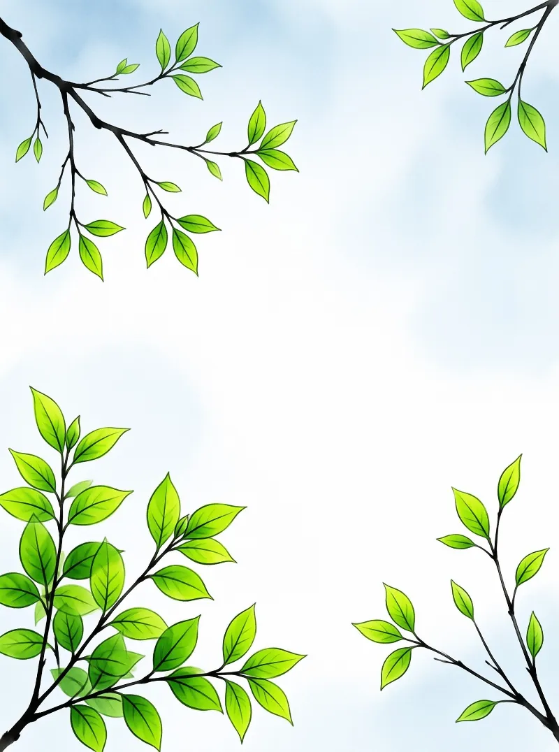 Handpainted green leafy tree branches sit at the four corners against a soft pale blue gradient sky backdrop.