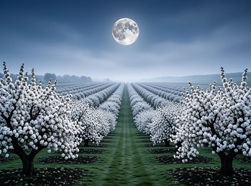 Rows of blooming white trees stretch towards the horizon beneath a large full moon in a misty blue night sky.