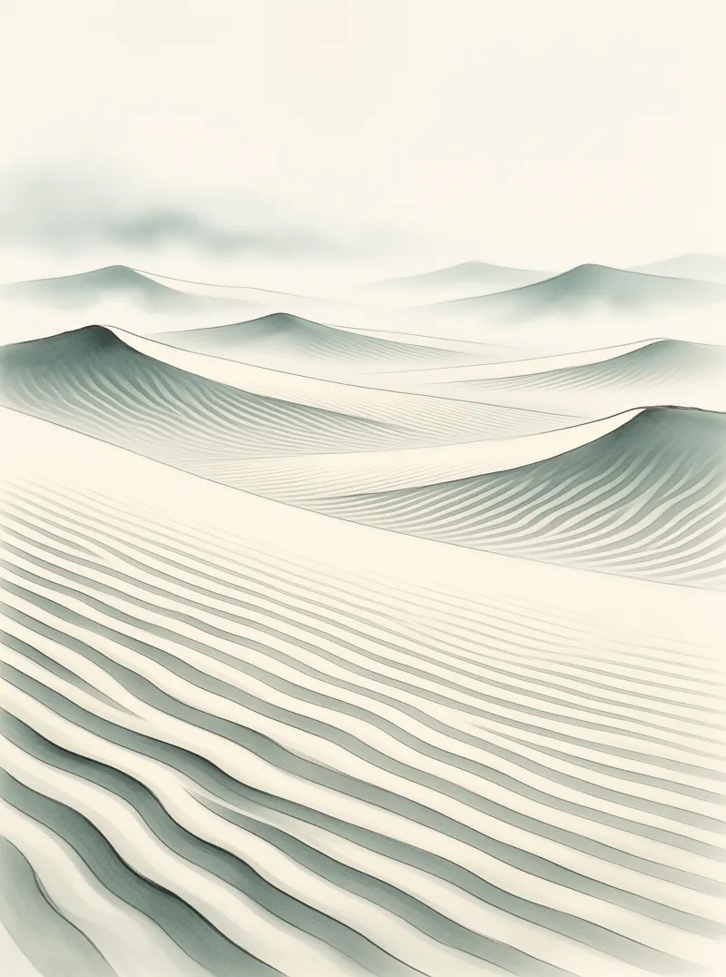 Soft rippling sand dunes fade into hazy distant hills across a muted off-white desert landscape with gentle sage green shading.