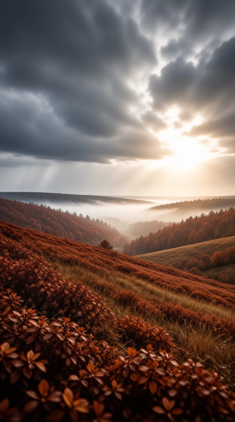 Rolling hills of deep red and amber shrubs lead down to a misty forested valley as sunlight breaks through dark clouds above.