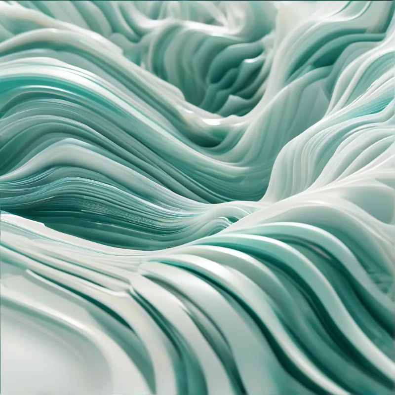 Abstract turquoise and white fluid shapes ripple across the frame with smooth glossy highlights creating a sense of depth.