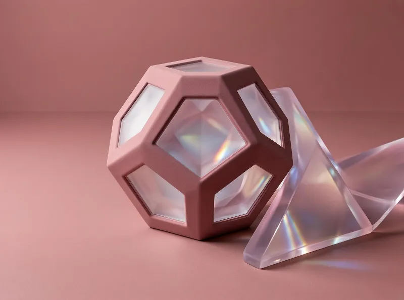 A pink geometric polyhedral frame with clear panels shows rainbow light refraction on a matching rose background.