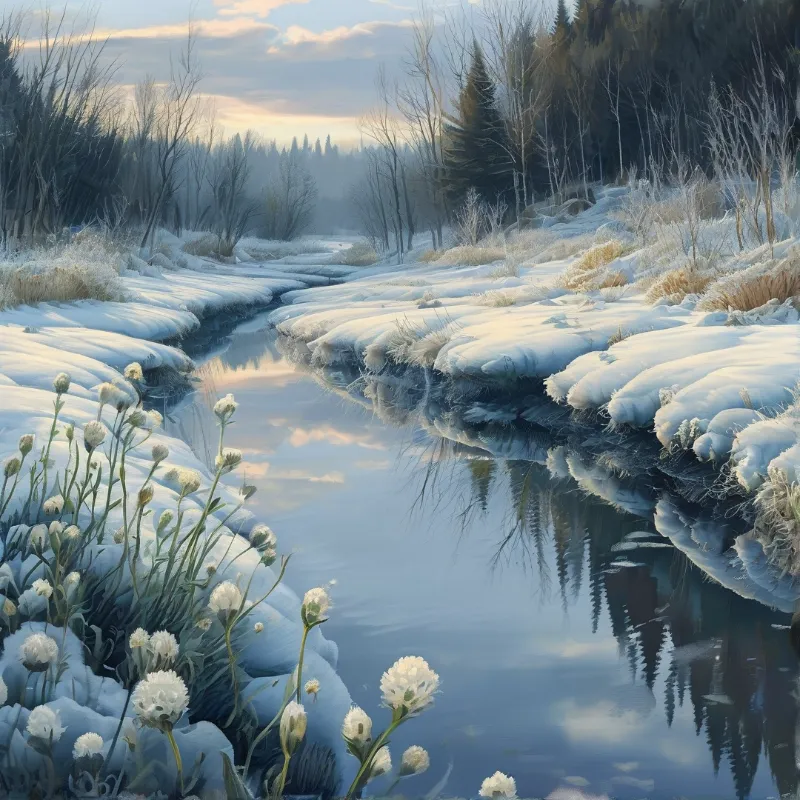 A narrow meltwater stream winds through drifted snow, mirroring pale winter sky and dark evergreens.