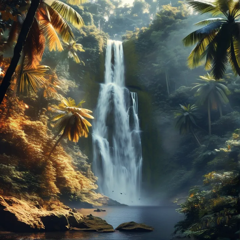 Sunlit Jungle Waterfall