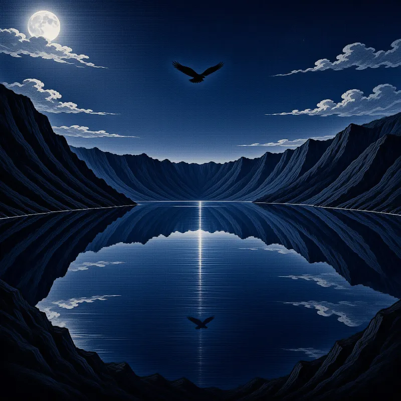 A black eagle soars above a perfectly still mountain lake reflecting the full moon and clouds in deep blue tones.