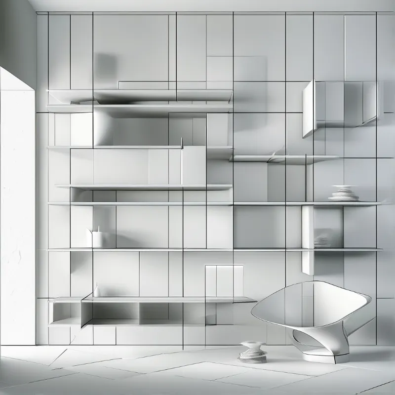 A pale grid of floating shelves and mirrored panels wraps around a single sculpted lounge chair.