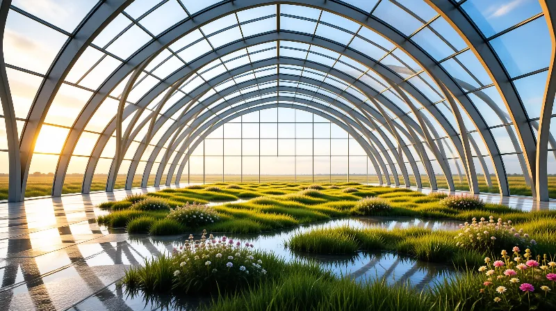 Curved steel ribs and glass panels shelter mounds of green grass and pink wildflowers at sunset