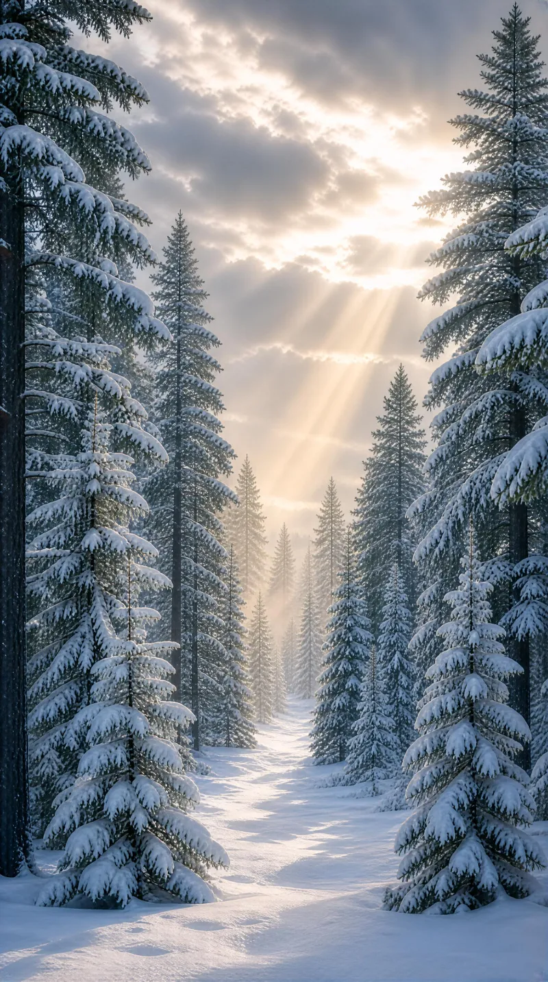 Snowy Forest with Sunbeams