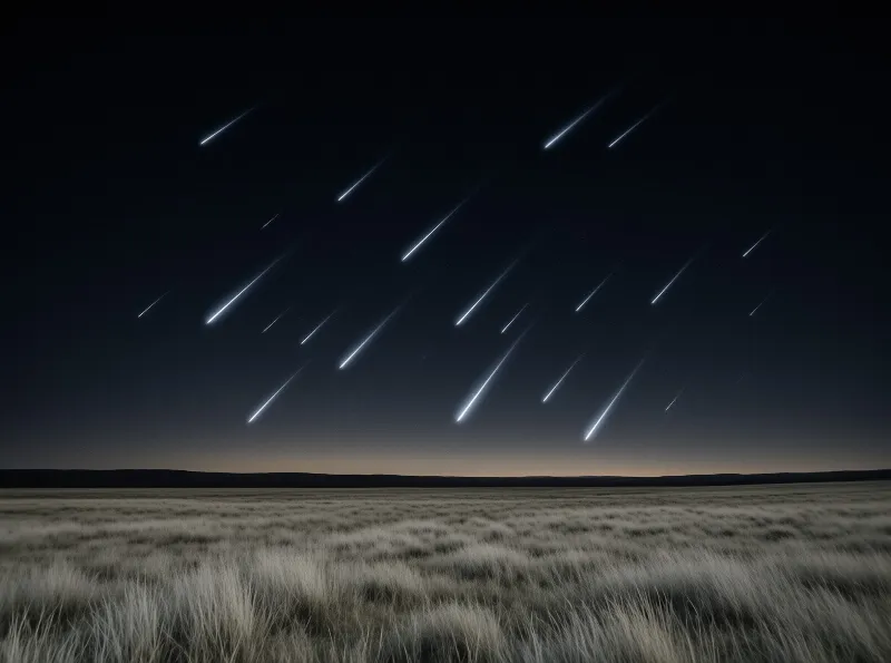 Numerous bright meteors streak diagonally across a dark night sky above a wide expanse of dry grassland.