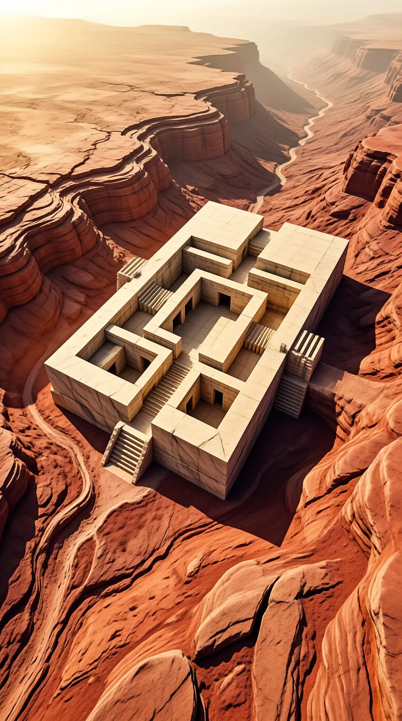 Pale geometric stone building nestled within red sandstone canyon walls, featuring stepped platforms and rectangular openings bathed in warm golden sunlight