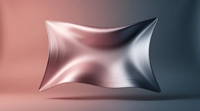 A smooth fabric cushion floats against a blurred pink and grey gradient background with soft studio lighting.