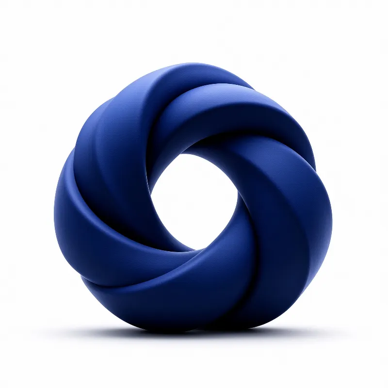 Deep indigo sculpted form twisting in center against stark plain backdrop with soft shadow