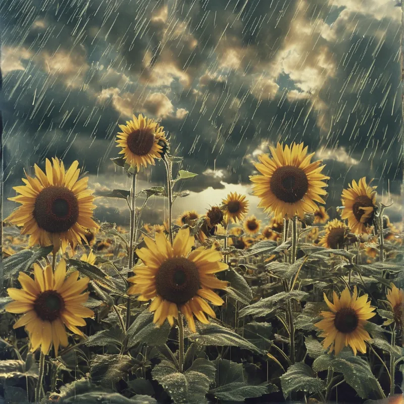 Bright yellow sunflowers stand in a field while heavy diagonal rain falls against a dark cloudy sky.