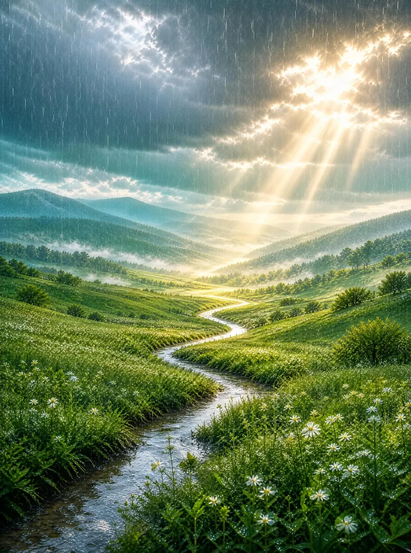 Sunlight Over Rainy Green Valley