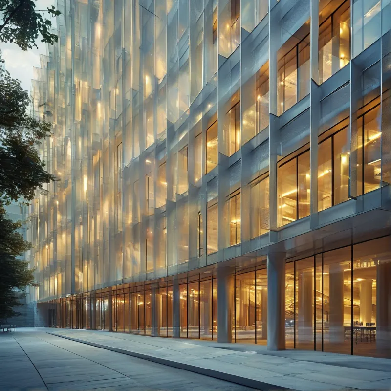 A modern glass building facade glows with warm interior lights during the evening.