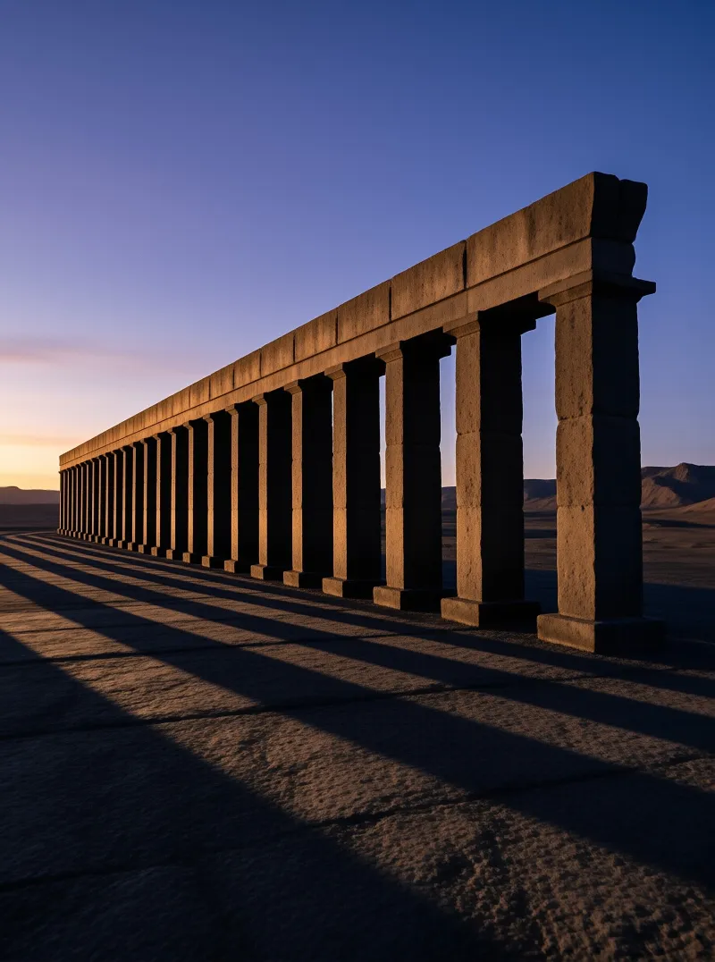 A long row of stone pillars casts long diagonal shadows across a paved ground in a desert at dusk